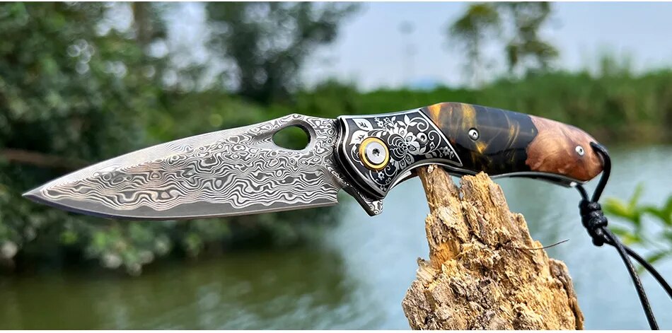 Self Defense VG10 Damascus Steel Folding Knife with Ball Bearing, Pocket Knife for Outdoor Camping, Tactical Hunting, and Survival
